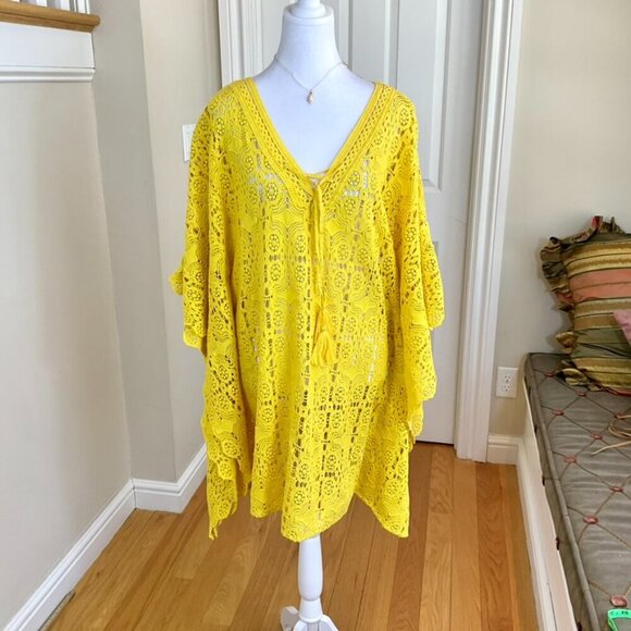 Sundance Other - Sundance Kimono Cover Up Swim Crochet Cotton Yellow Gracelyn Yellow Tie Neck (L)